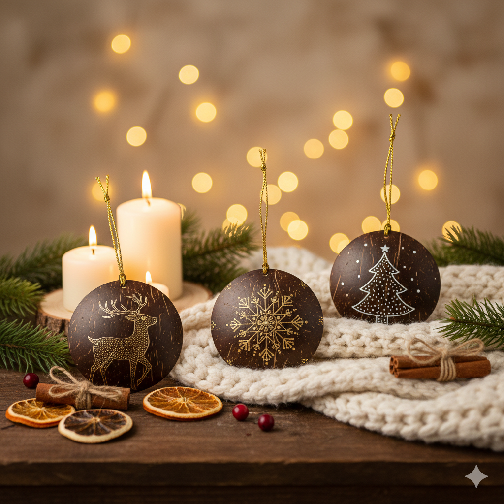 Hand-Carved Coconut Shell Christmas Ornament – Reindeer