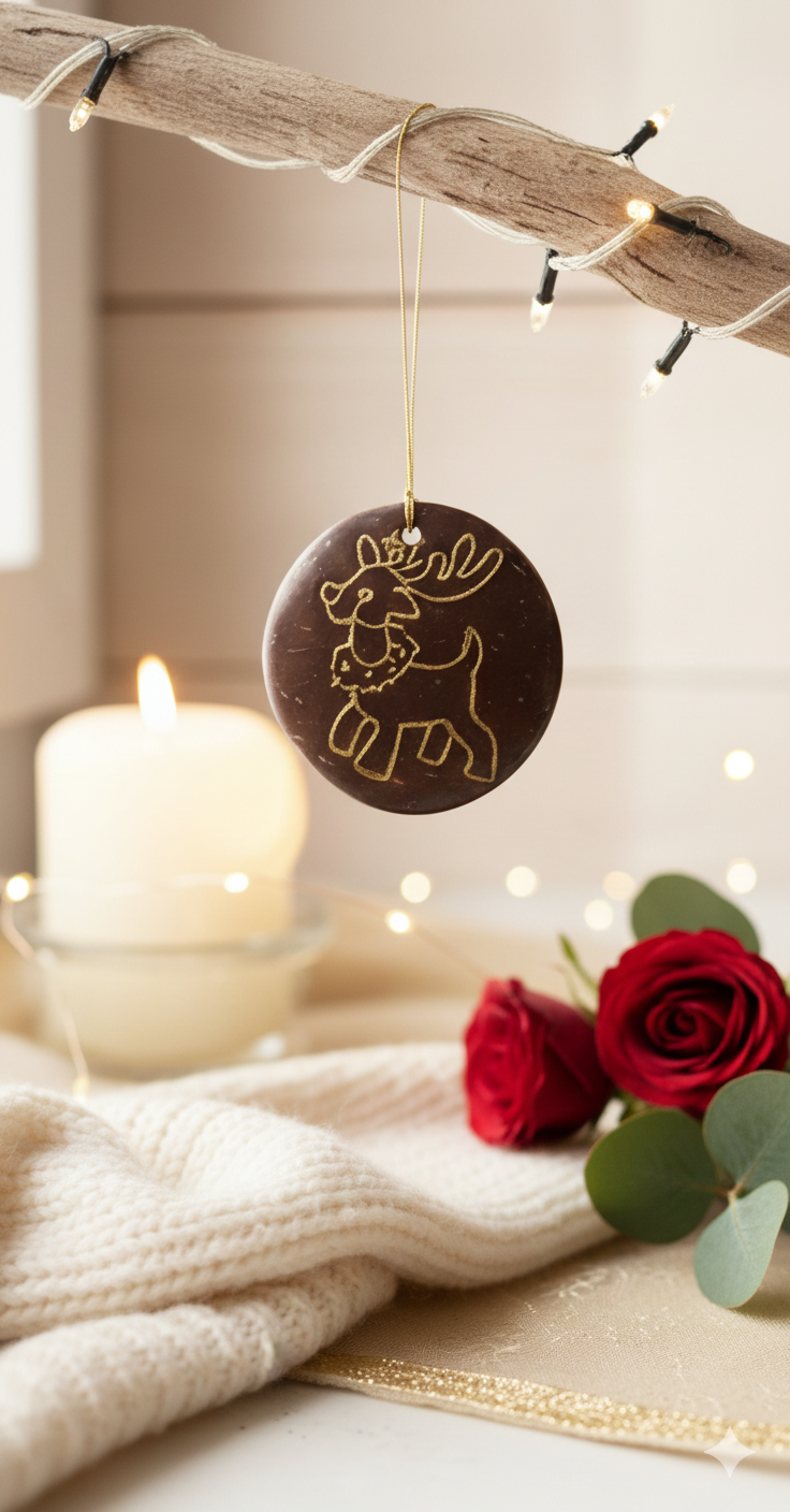 Hand-Carved Coconut Shell Christmas Ornament – Reindeer