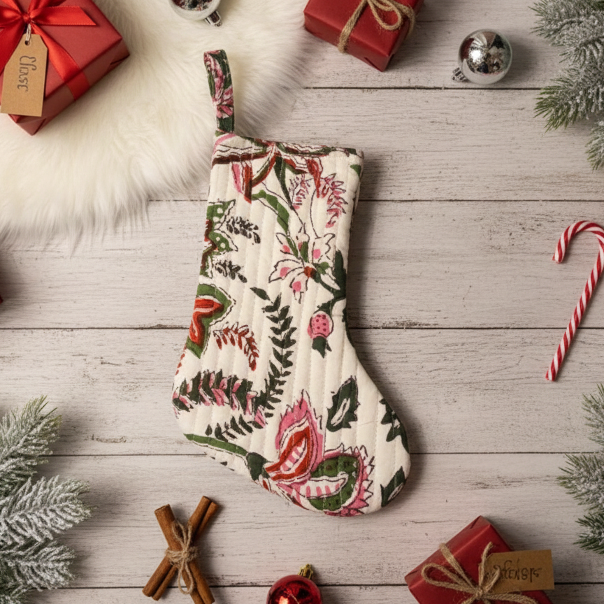 Christmas Stocking – Floral Holiday Mantel Décor (White/Green/Red)