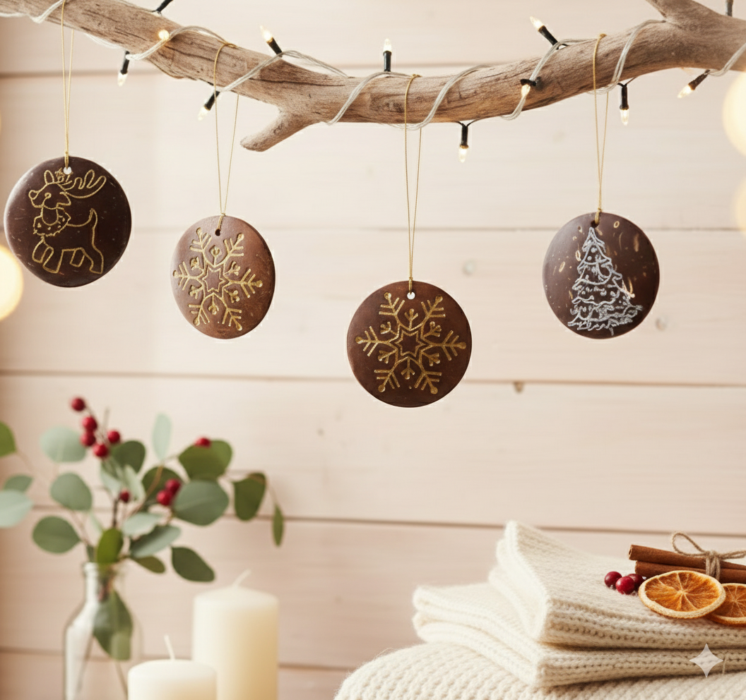 Hand-Carved Coconut Shell Christmas Ornament – Reindeer