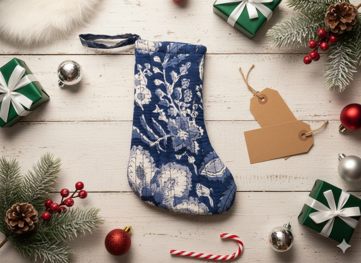 Christmas Stocking – Handmade Quilted Holiday Décor (Indigo Block Print)