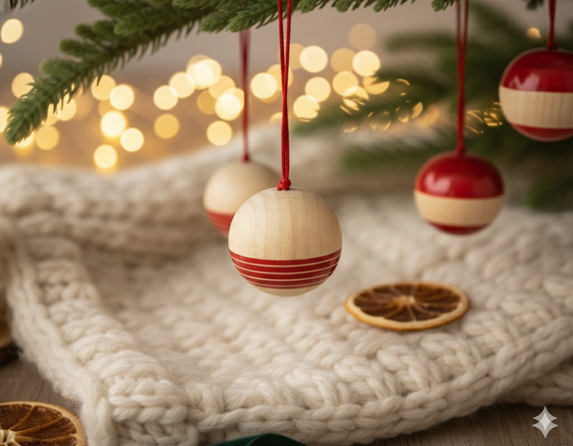 Classic Christmas Tree Decoration - Handmade Wooden Red Bauble Ornament