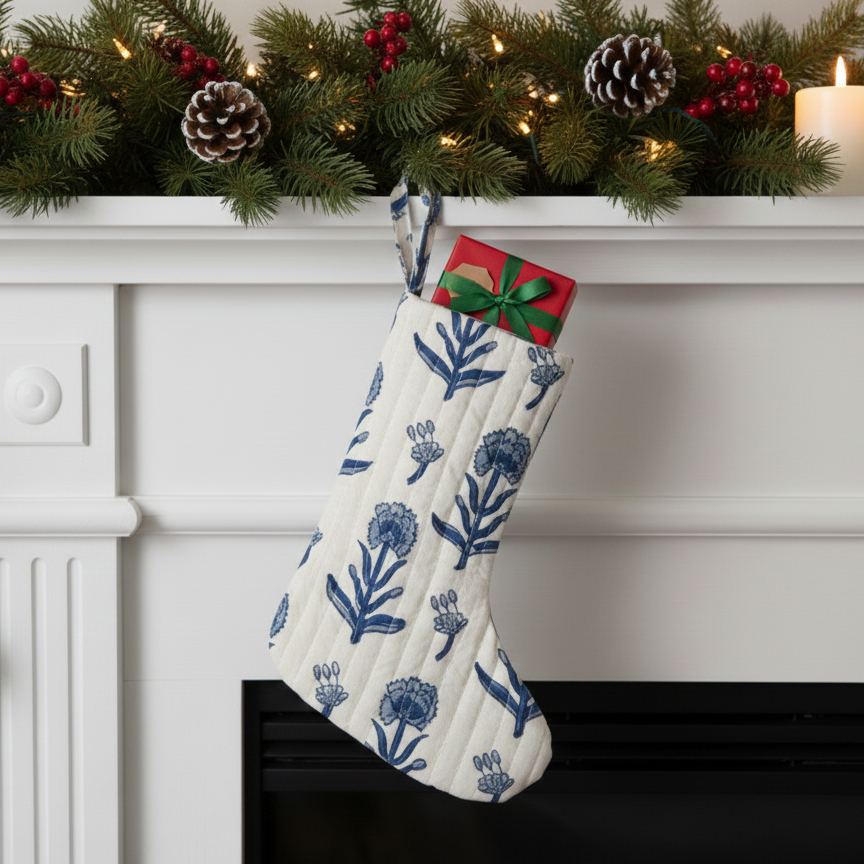 Christmas Stocking – Handamde Block Print Holiday Décor (White & Blue)