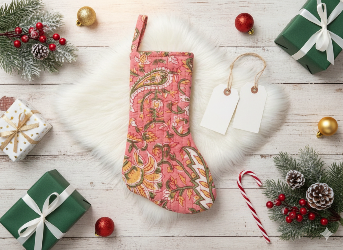 Block Print Christmas Stocking – Handmade Quilted Holiday Gift (Pink )