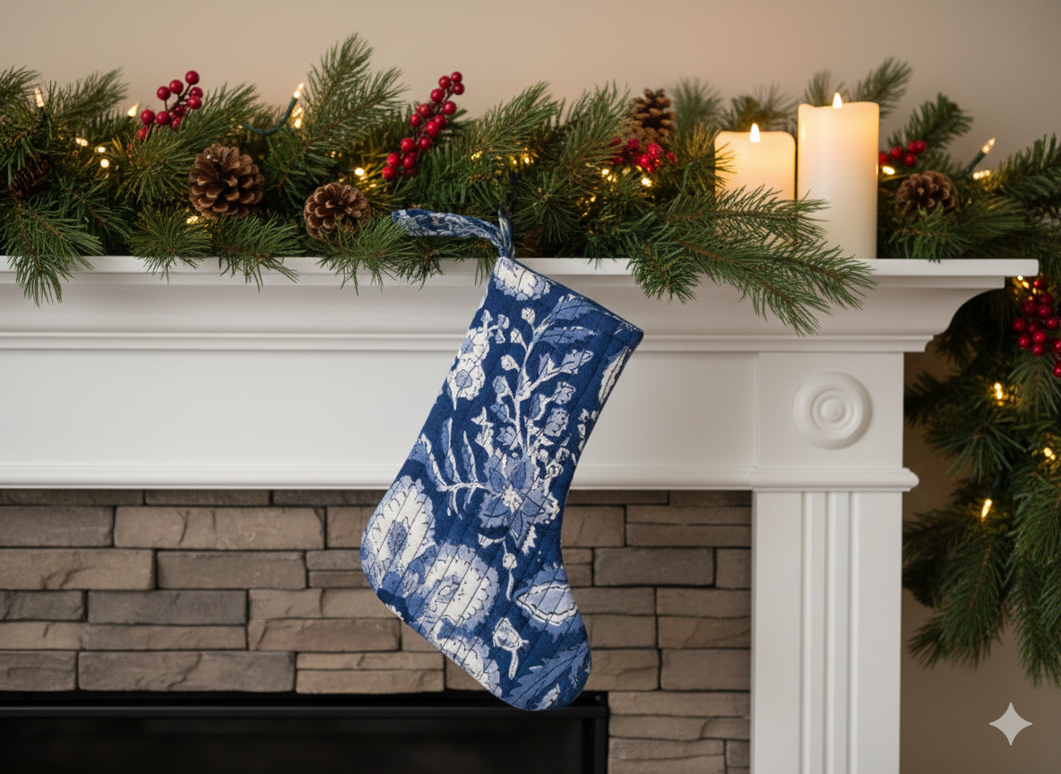 Christmas Stocking – Handmade Quilted Holiday Décor (Indigo Block Print)