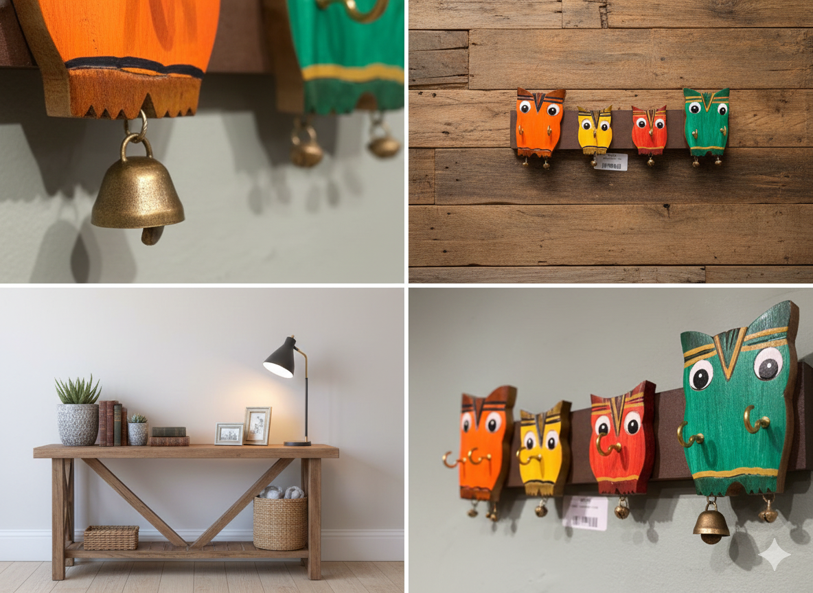 Handpainted Owl Wooden Key Holder | 6-Hook Wall Key Rack for Home Entryway)