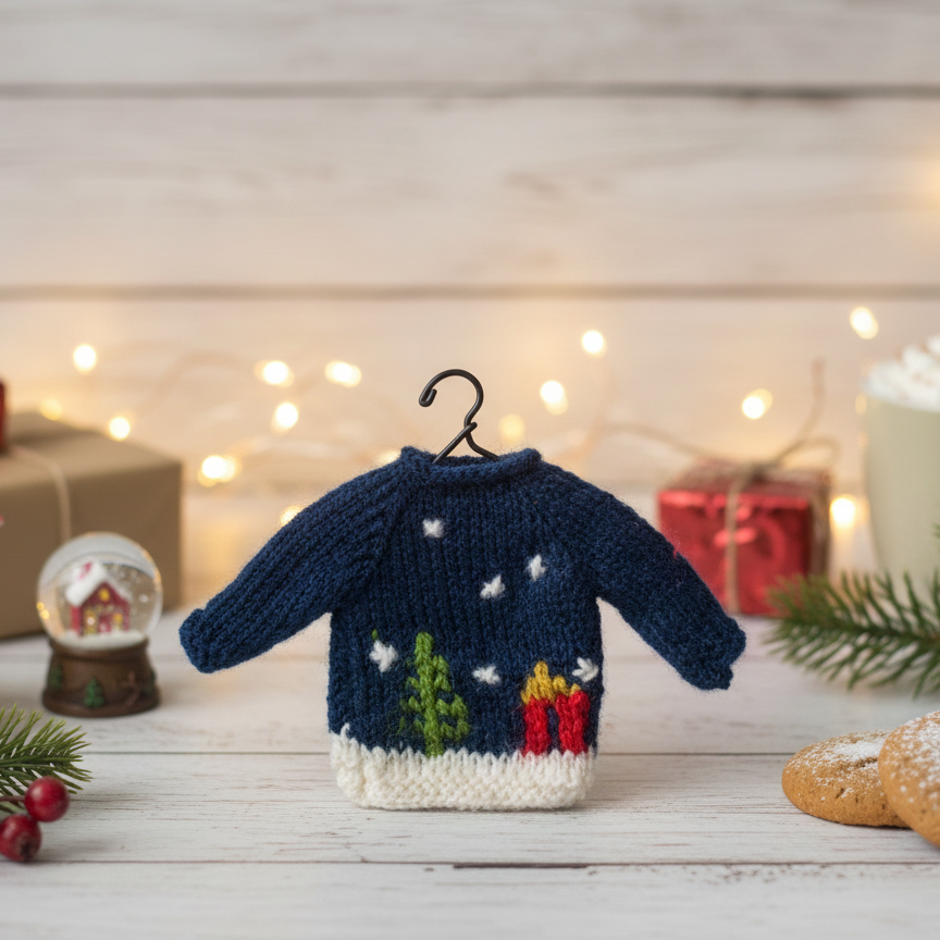 Hand-Stitched Mini Sweater Gift/Ornament (Blue/White) – 5”
