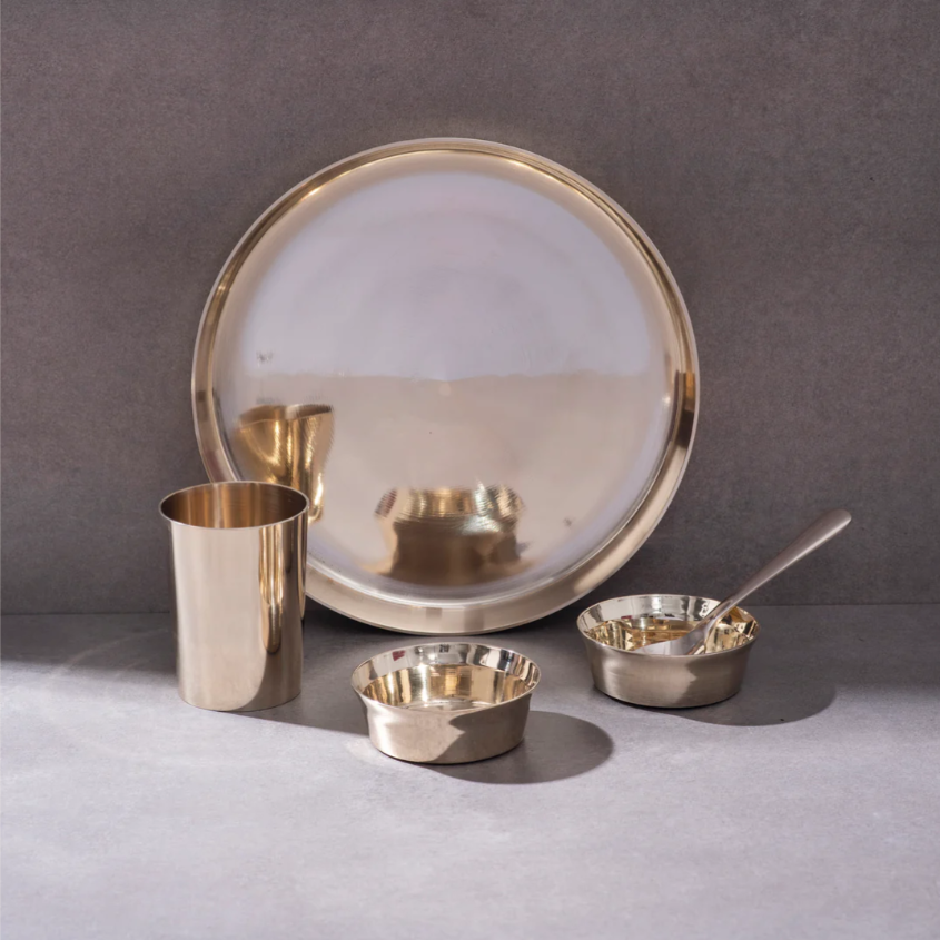 Kansa Thali Set / Bronze Set (11" Plate) - 5pcs (1 Plate, 2 Bowls, 1 Glass & 1 Spoon)