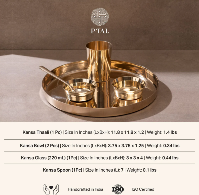 Kansa Thali Set / Bronze Set (11" Plate) - 5pcs (1 Plate, 2 Bowls, 1 Glass & 1 Spoon)