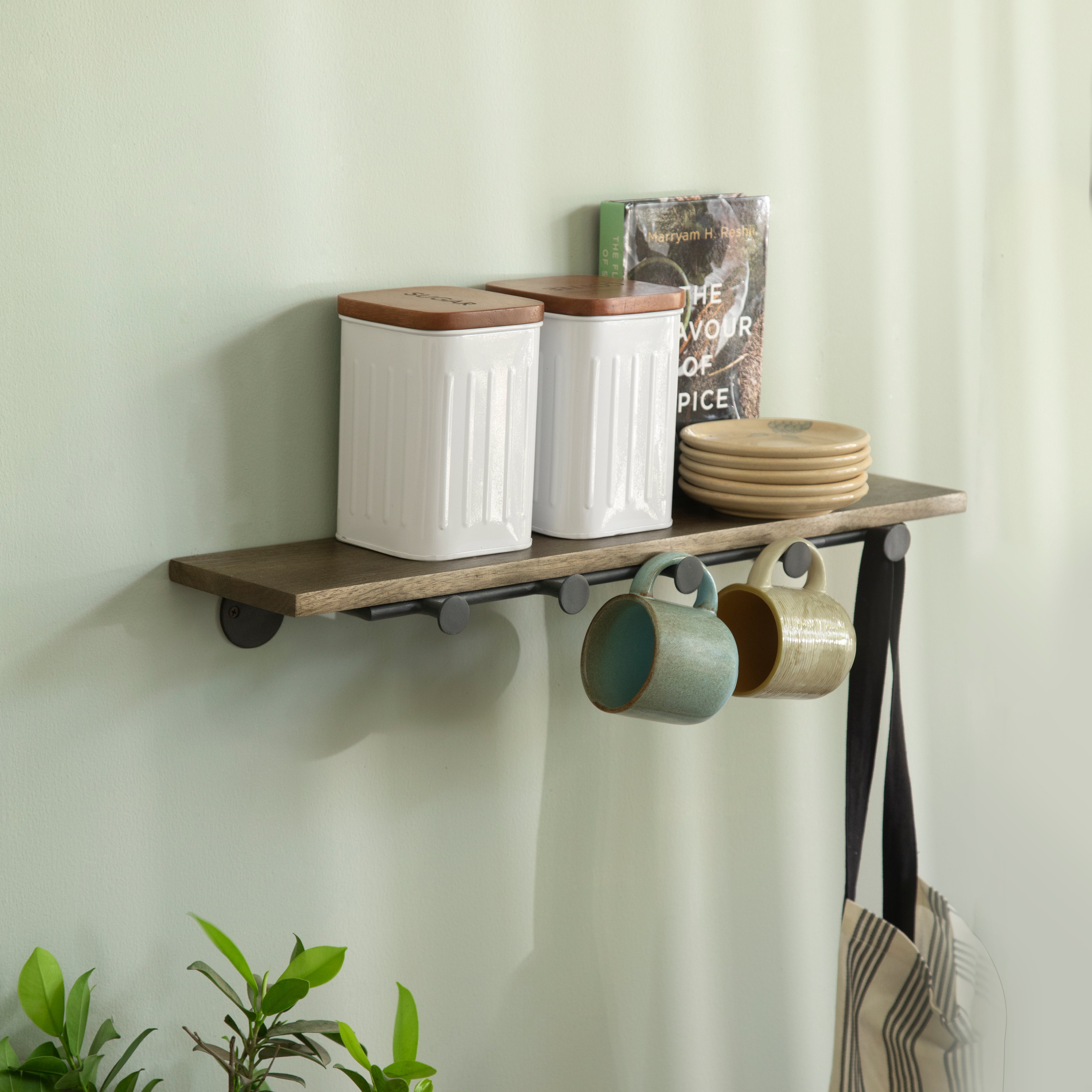 Wooden Wall Shelf with 5 hooks- Crave