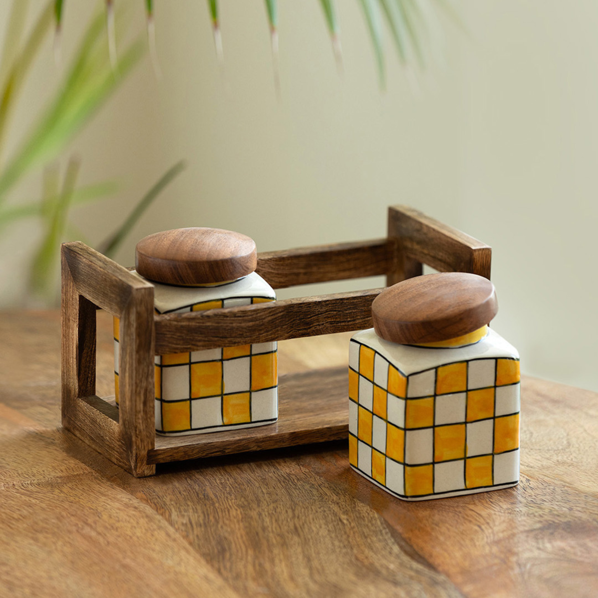Set of 3 - Air-tight Storage Jars with in ceramic with wooden Holder- Chess checkered design (240ml)