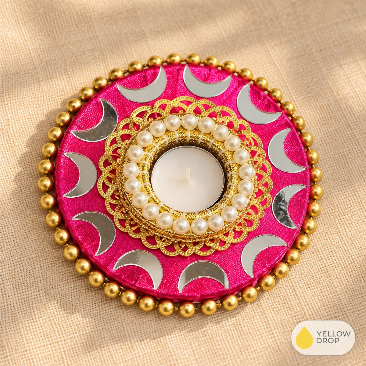 Mirror Crescent Round Tealight Holder, Pink