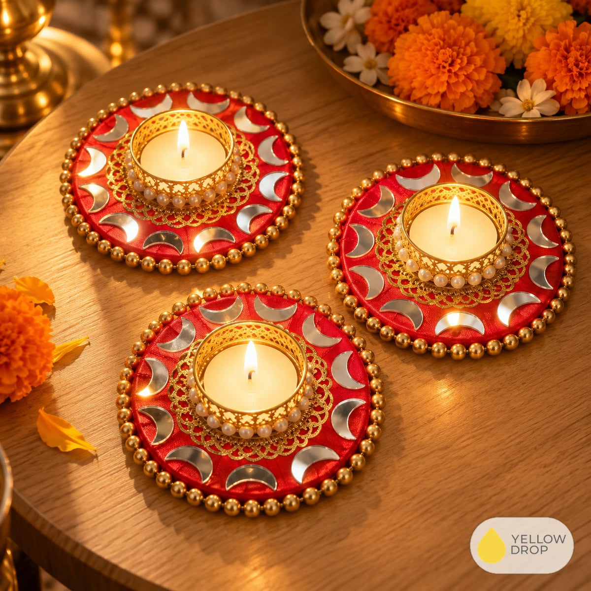 Mirror Crescent Round Tealight Holder, Red