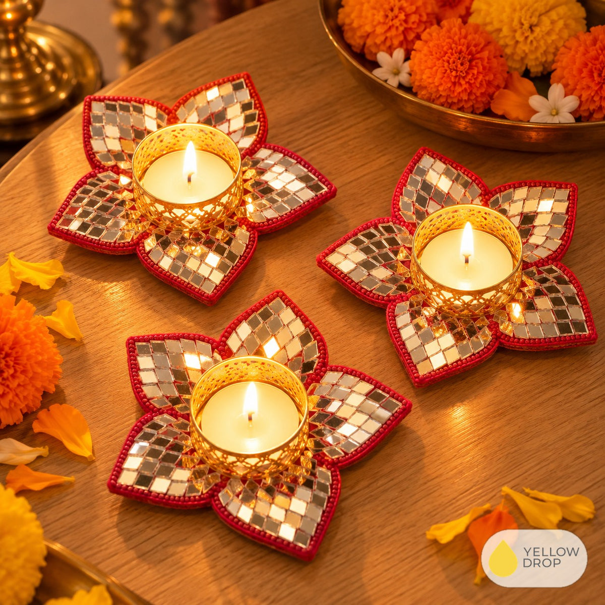 Mirror Lotus Star Tealight Holder, Red, lit