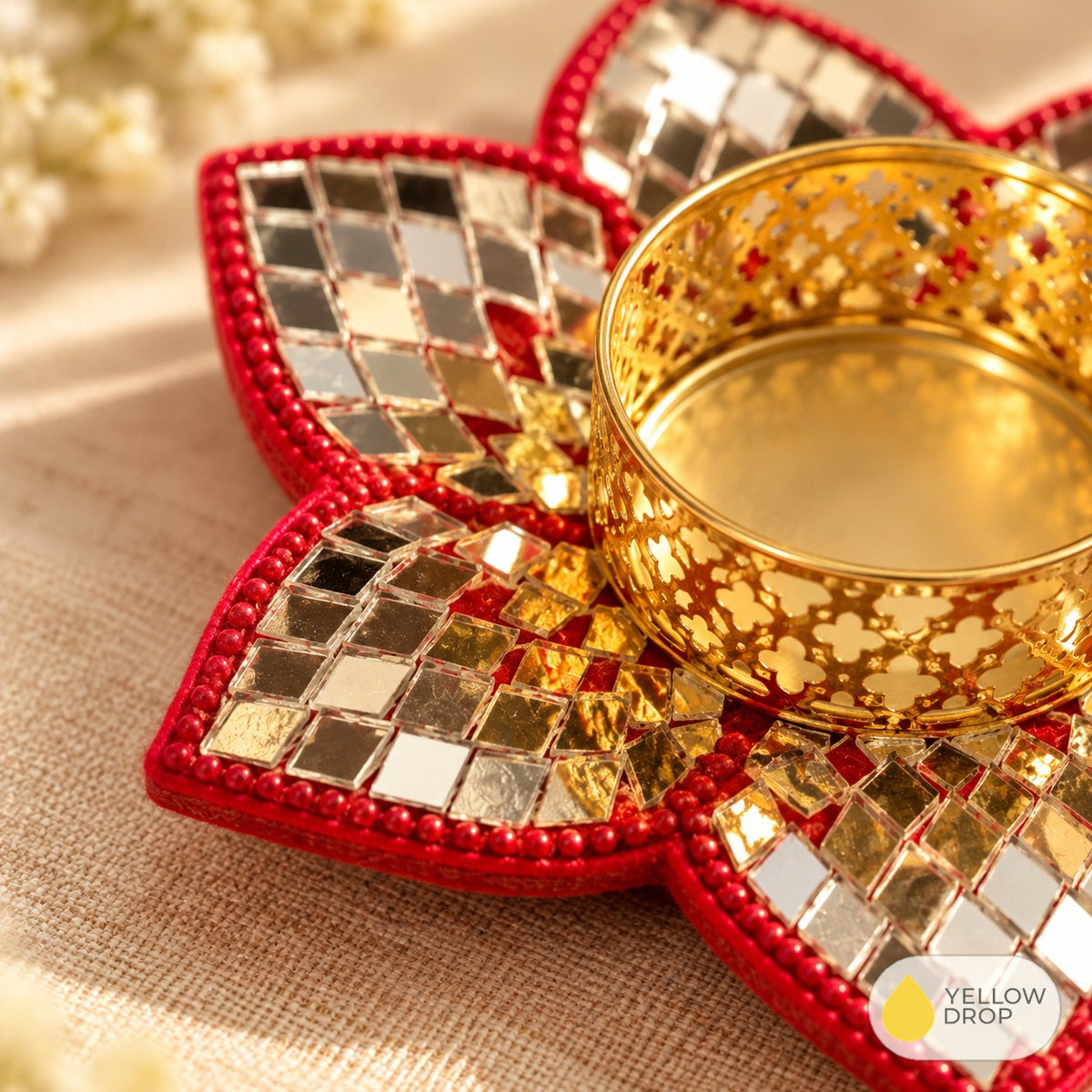 Mirror Lotus Star Tealight Holder, Red close-up