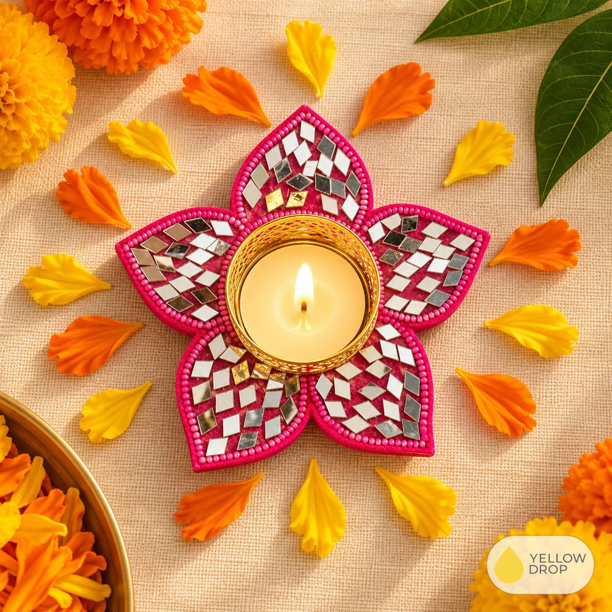 Mirror Lotus Star Tealight Holder, Pink, lit