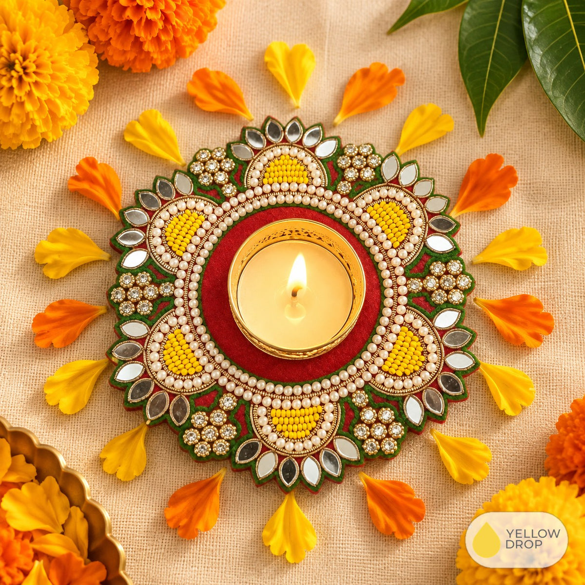 Kundan Mirror Flower Tealight Holder
