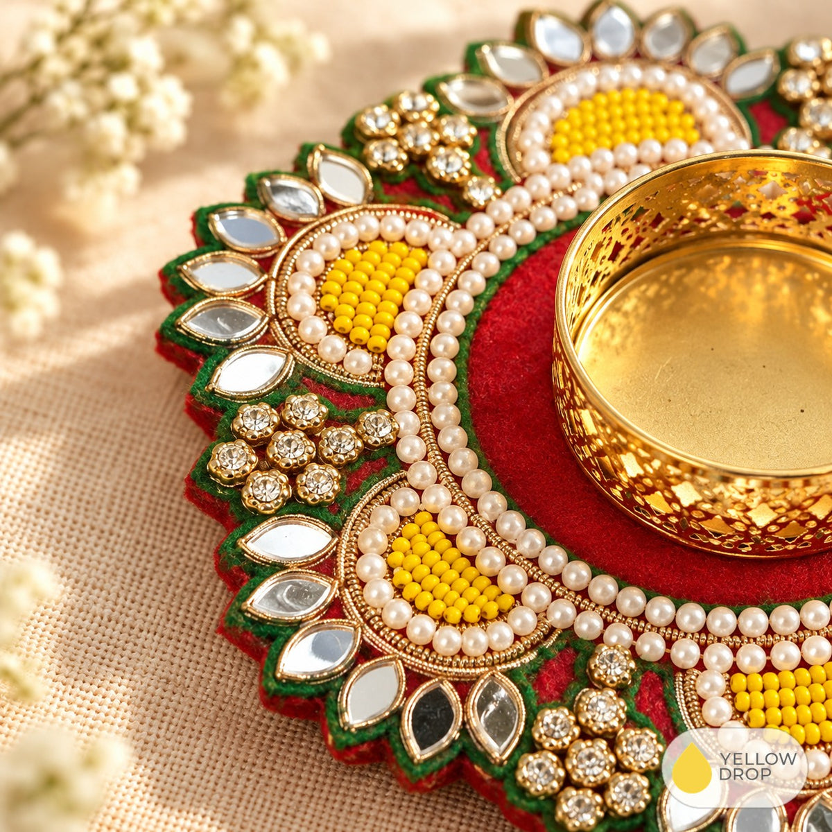 Kundan Mirror Flower Tealight Holder close-up