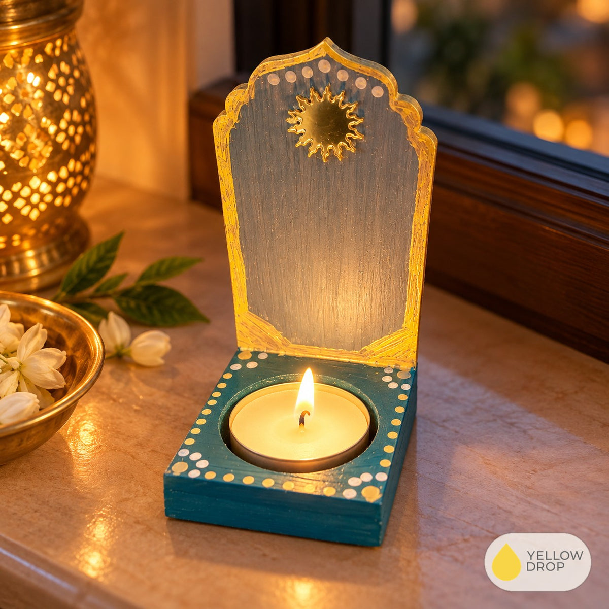 Hand-painted wooden tealight holder, teal, lit