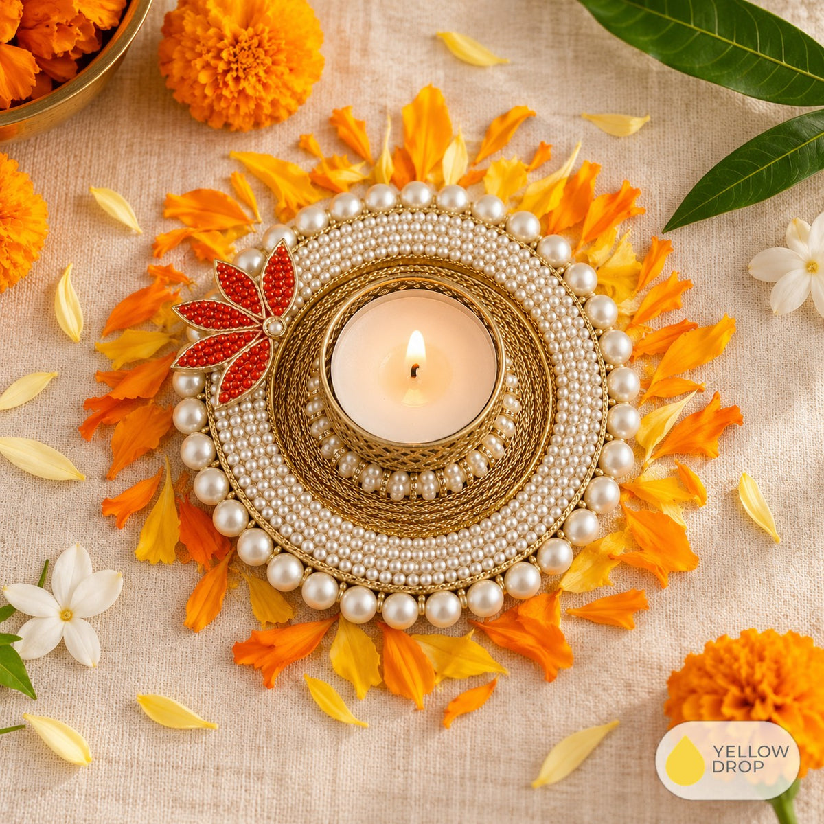 Pearl Red Leaf Tealight Holder with rangoli