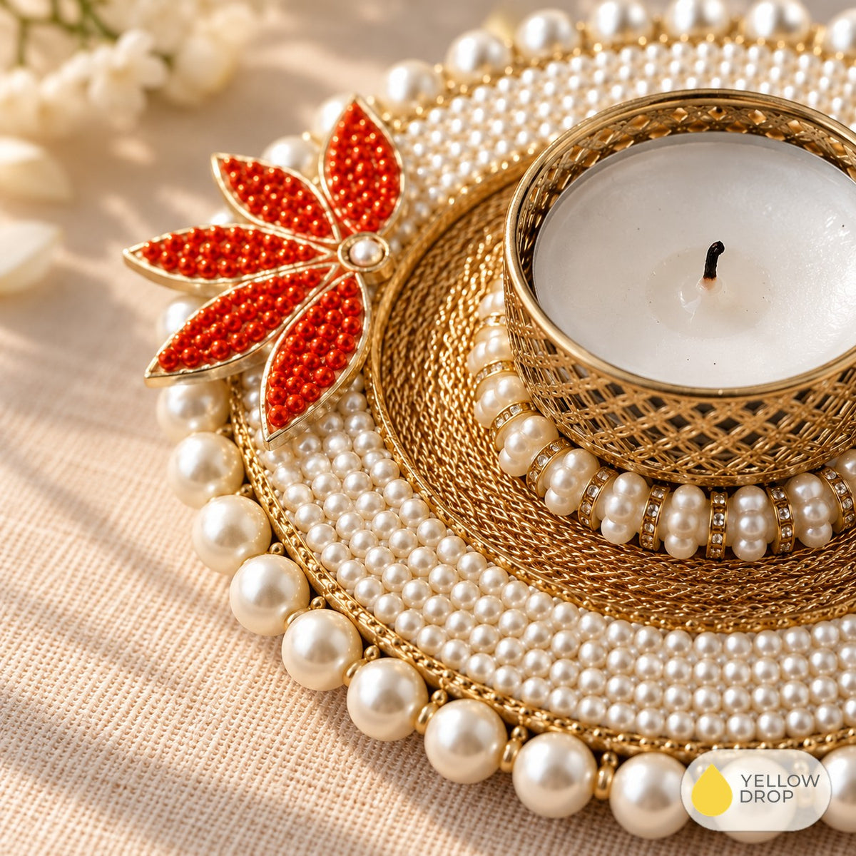 Pearl Red Leaf Tealight Holder close-up