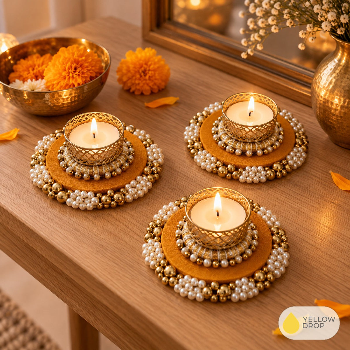 Mustard Pearl Tealight Holders, lit