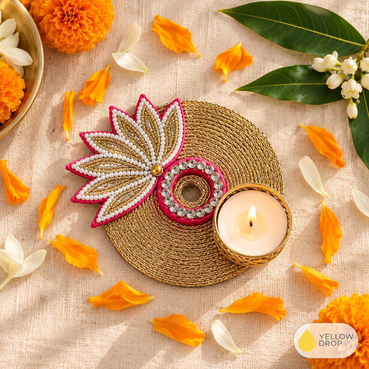 Pink Lotus Gold Tealight Holder with petals