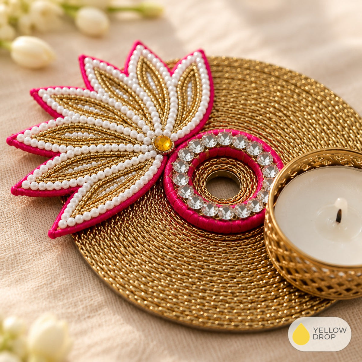 Pink Lotus Gold Tealight Holder close-up