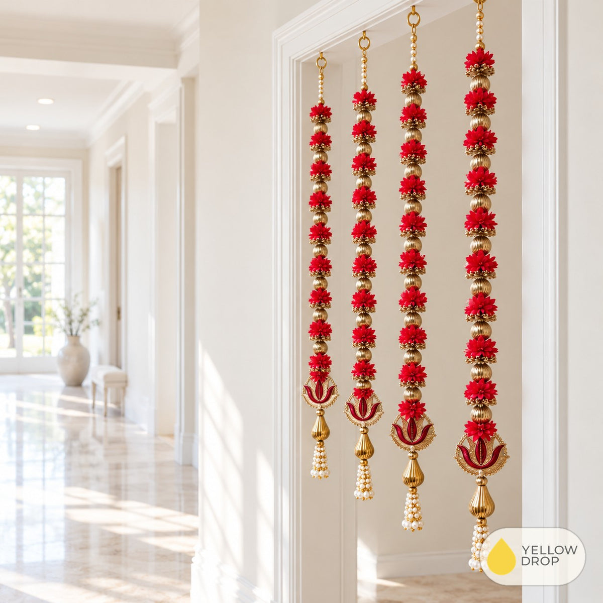 Red Flower Hangings in a hallway
