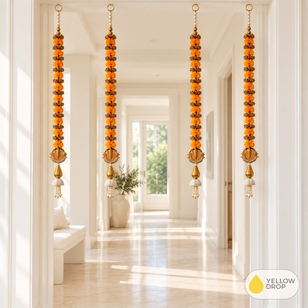 Orange Marigold Hangings in a hallway