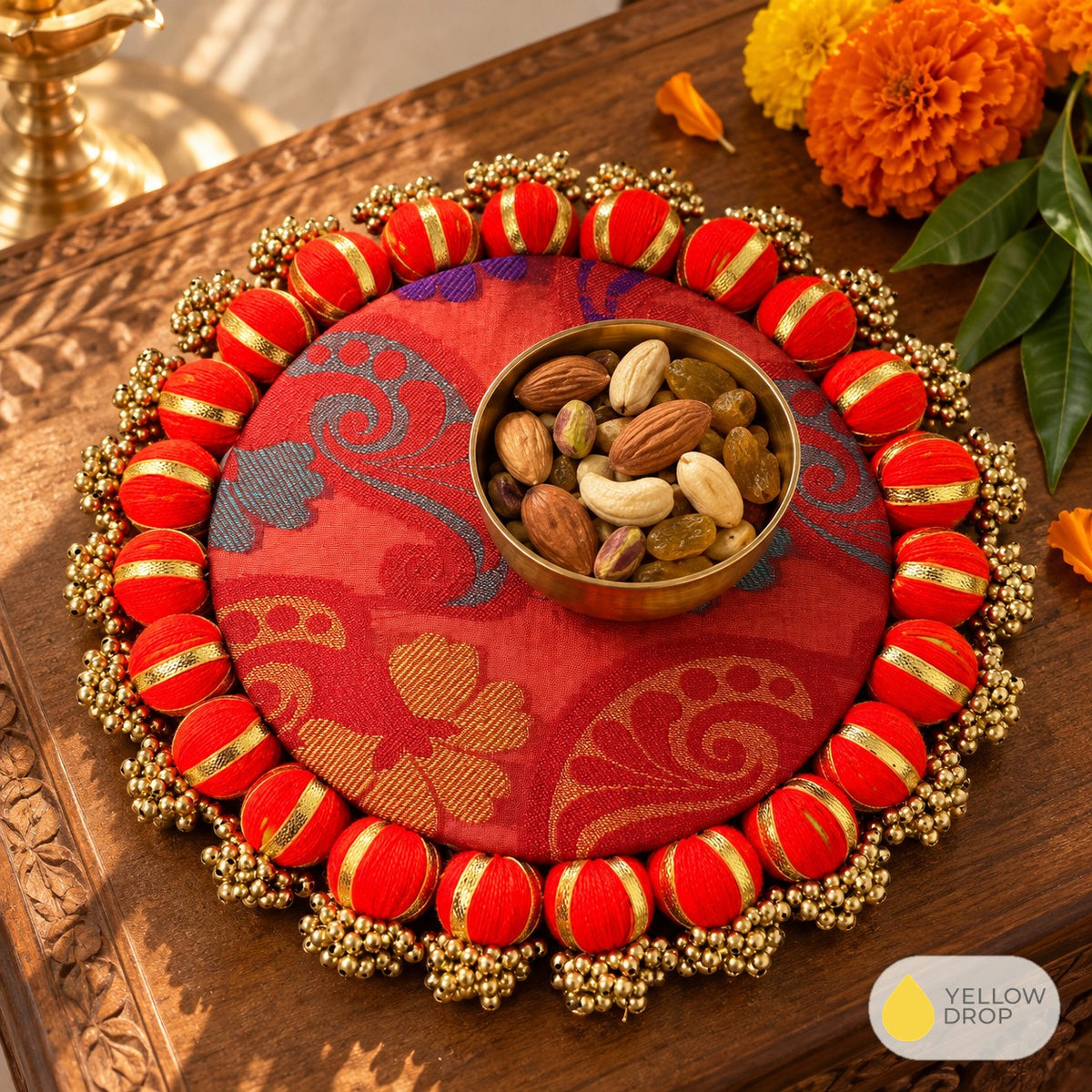 Festive Brass Bowl on Brocade Tray