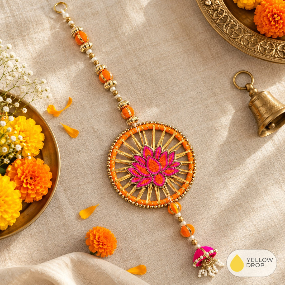Festive Orange and Gold Beaded Toran Flat Lay