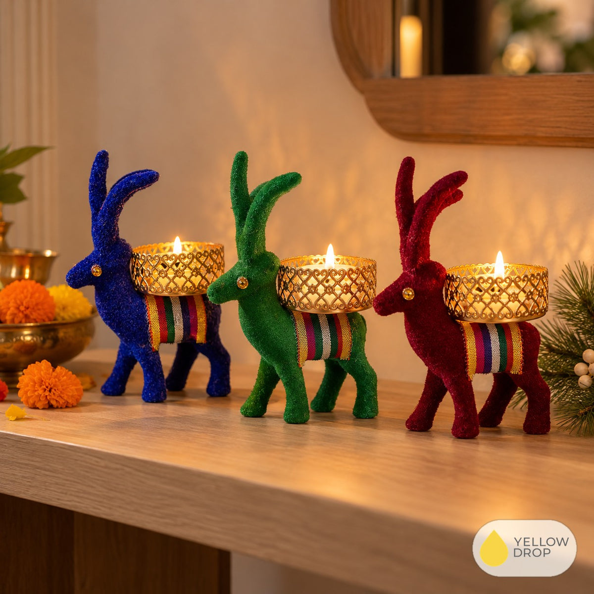 Festive Velvet Reindeer Candlelight Trio