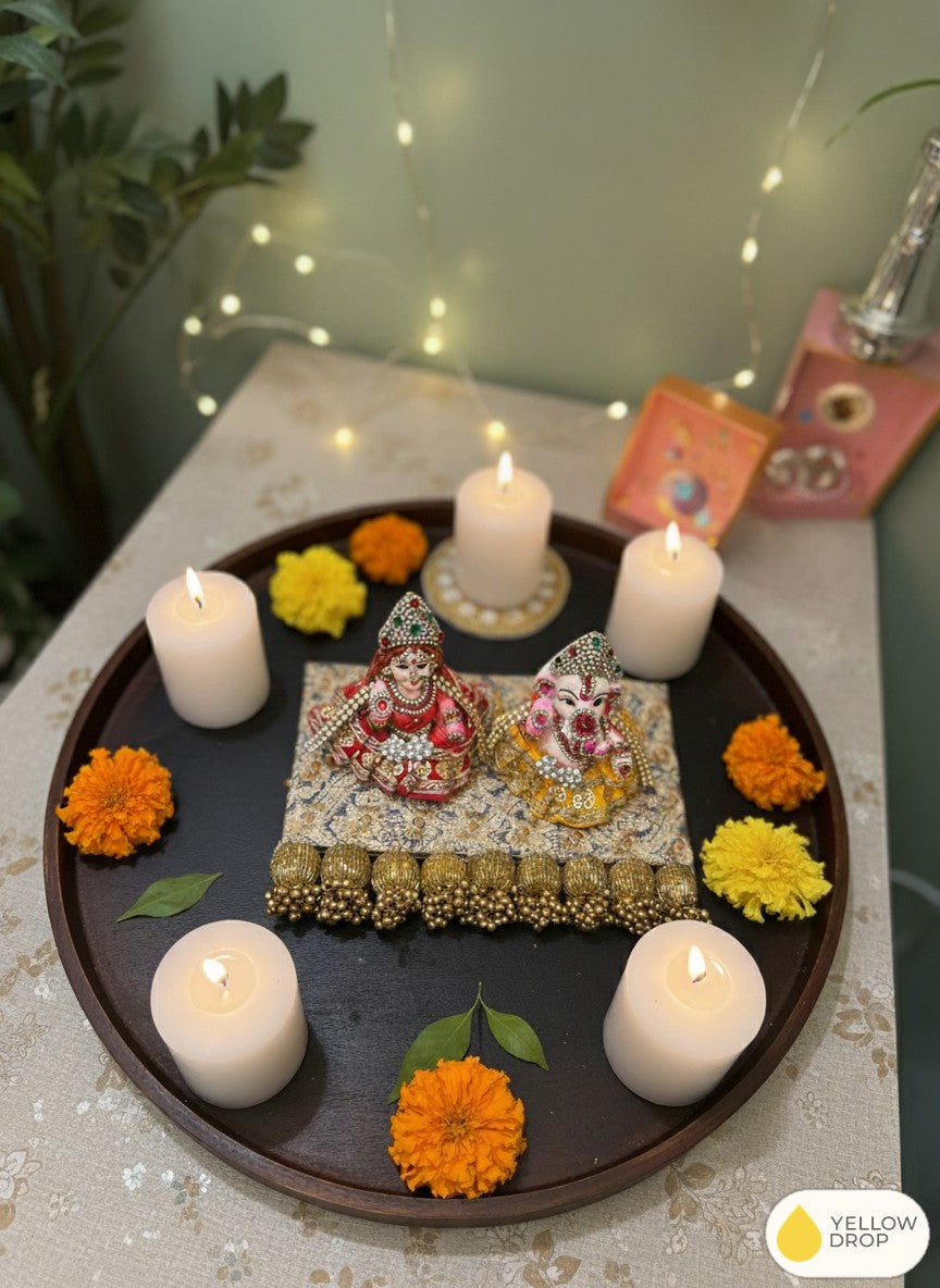 Beige Beaded Mat with Lakshmi and Ganesha
