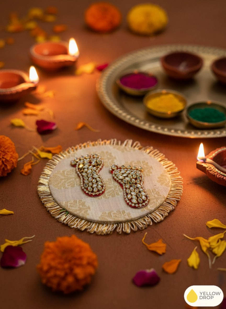 Cream Kundan Charan Paduka Mat