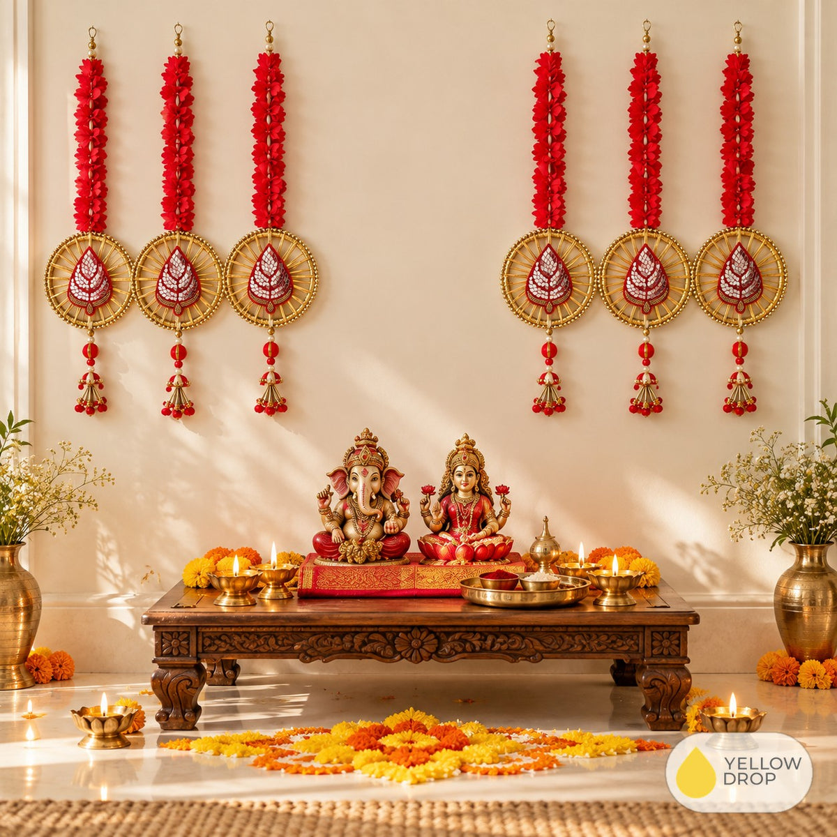 Symmetrical Diwali Shrine with Ganesha and Lakshmi