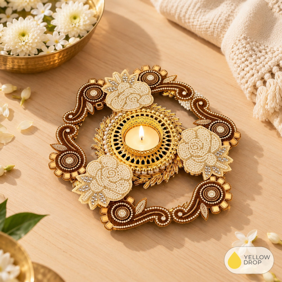 Rangoli centrepiece on a coffee table