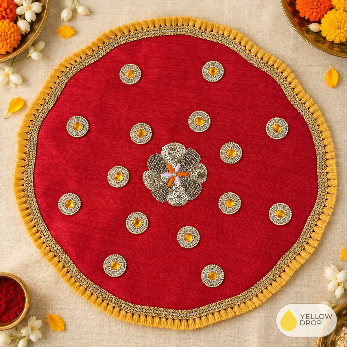 Red sequin flower pooja cloth
