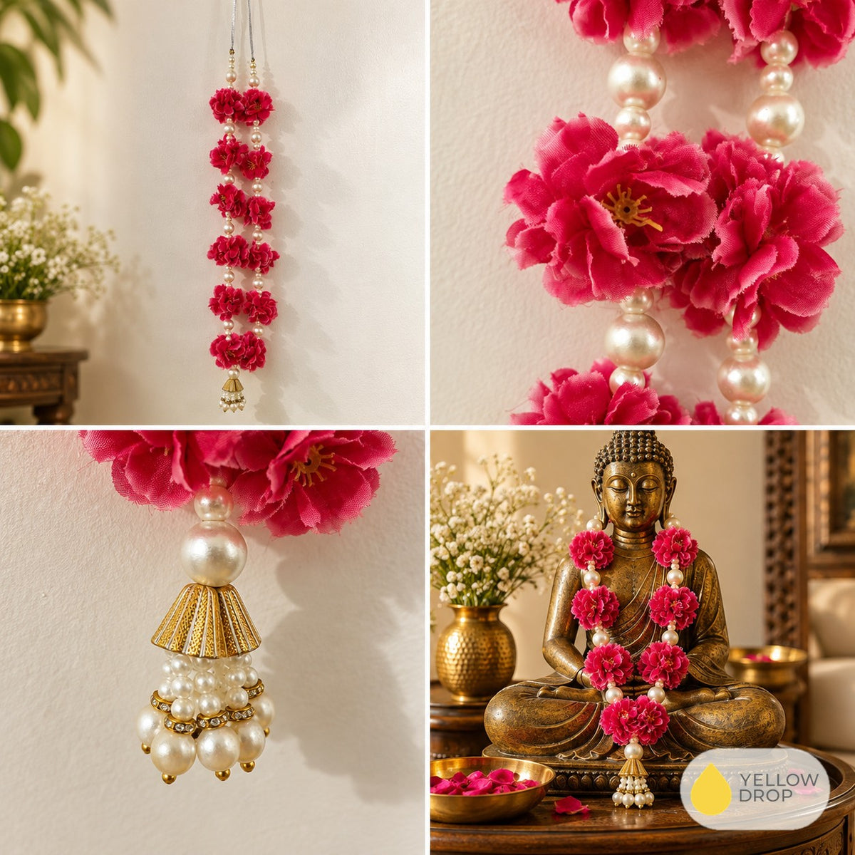 Pink flower pearl garland hanging details